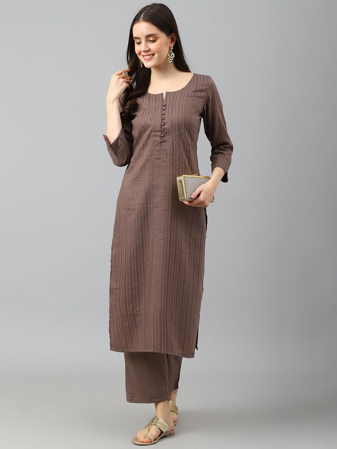 KALINI Striped Round Neck Kurta with Trousers