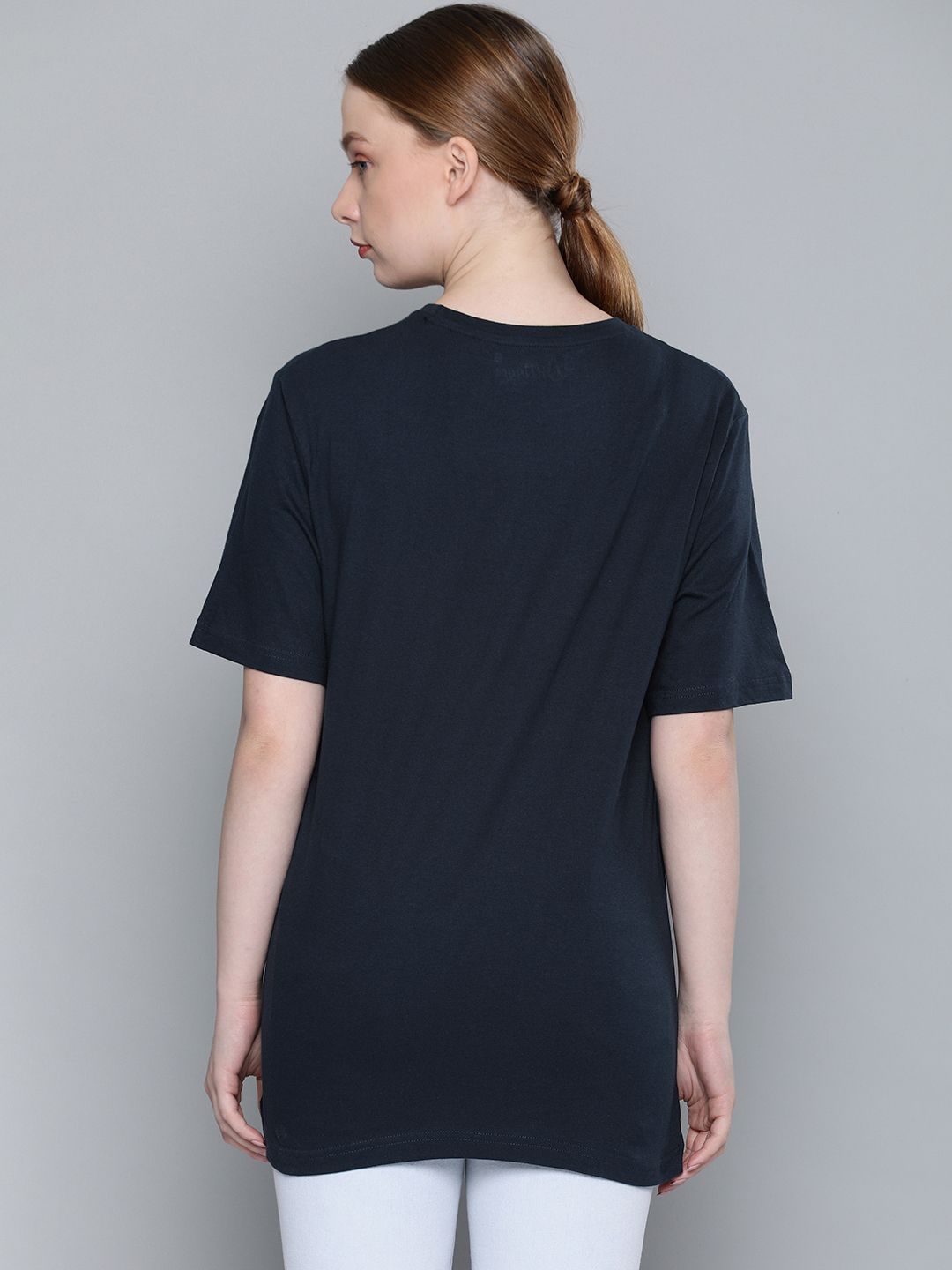 DILLINGER Women Navy Blue Printed Round Neck Longline Oversized Pure Cotton T-shirt