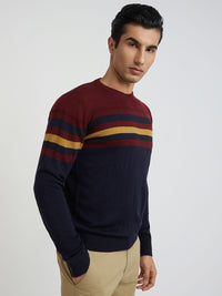 Raymond Men Navy Blue & Burgundy Striped Pullover