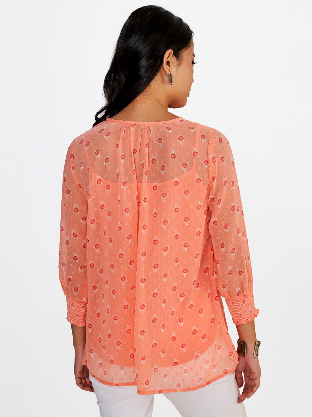 Global Desi Keyhole Collar Floral Print Dobby Weave Top with Camisole