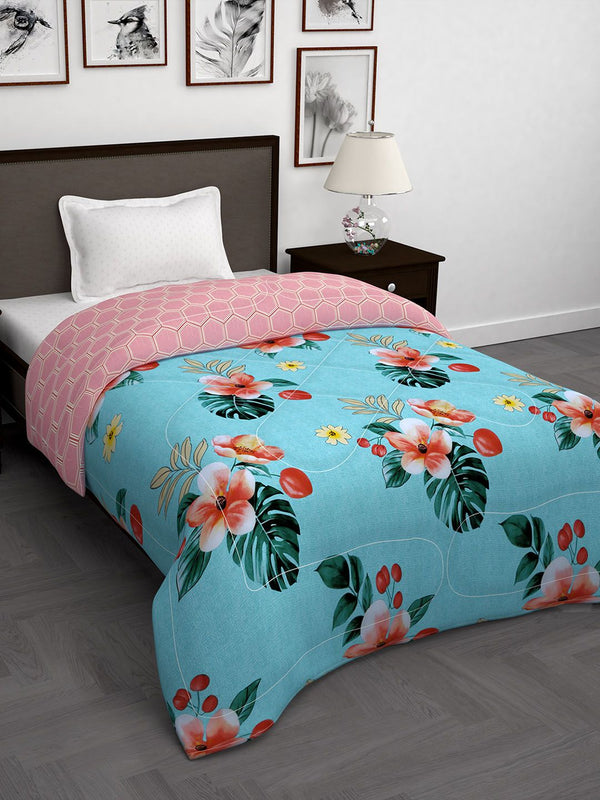 Story@home Pink & Blue Floral 180 GSM AC Room Reversible Single Bed Comforter