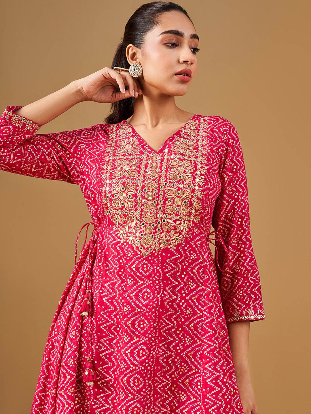 Global Desi Ethnic Motifs Printed Round Neck Mirror Work Anarkali Kurta