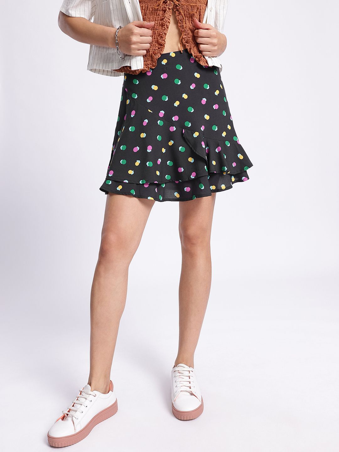 DressBerry Abstract Dance Printed Ruffle Mini Skirt