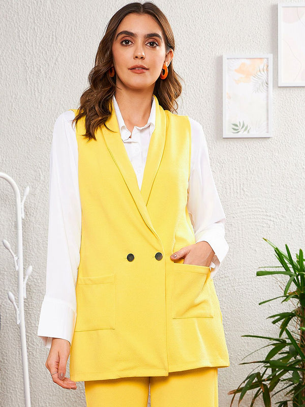 SASSAFRAS worklyf Women Double-Breasted Sleeveless Longline Blazers