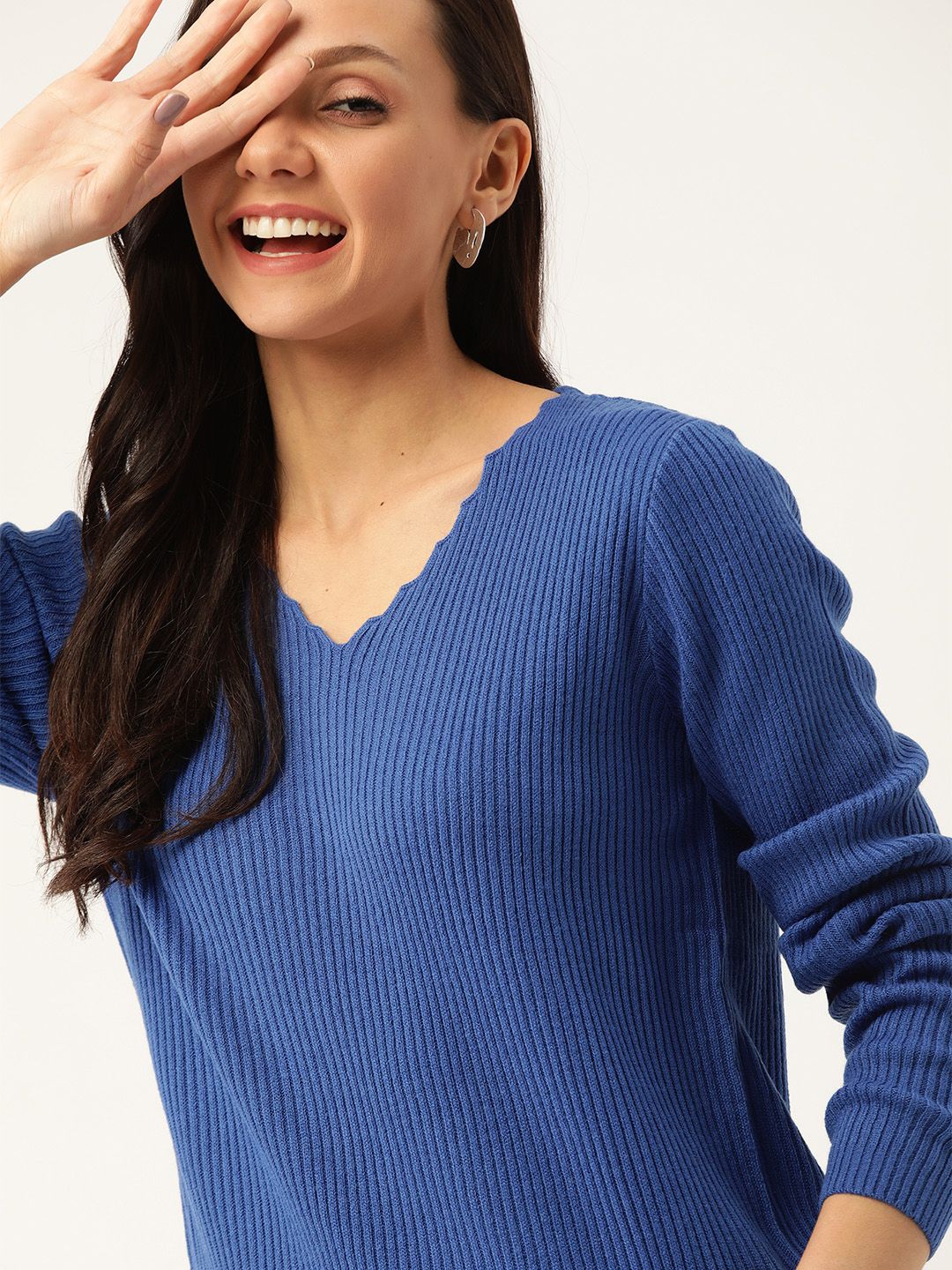 DressBerry Women Blue Ribbed Pullover