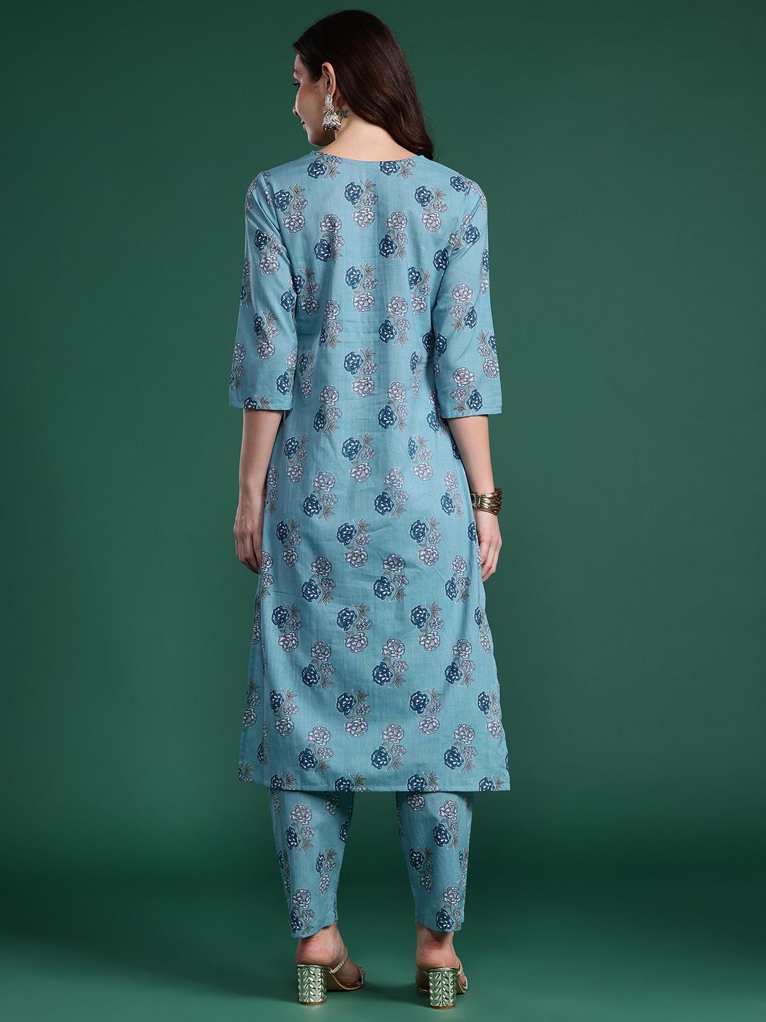 Indo Era Floral Printed Regular Pure Cotton Kurta with Trousers