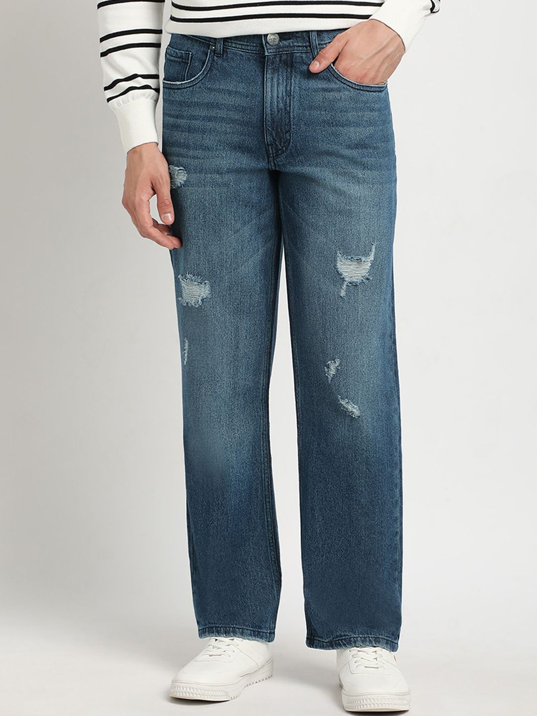 THE BEAR HOUSE Men Straight Fit Mildly Distressed Light Fade Pure Cotton Jeans