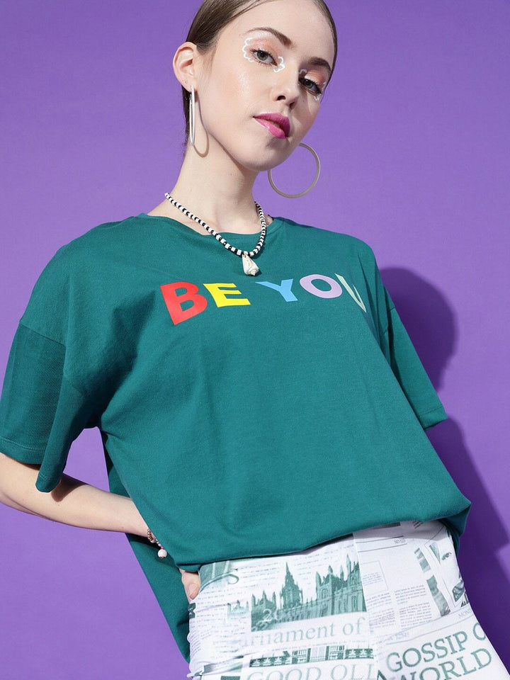 STREET 9 Women Green Typography Drop-Shoulder Pure Cotton T-shirt