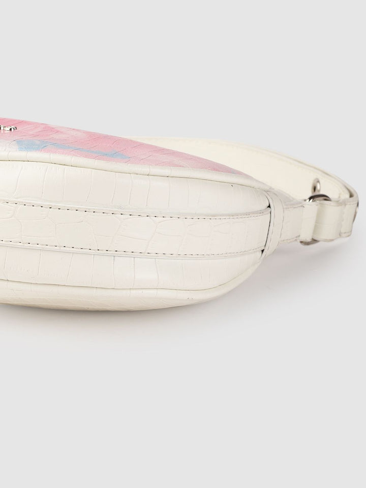 Lino Perros Women Off-White & Pink Floral Printed Croc Textured Structured Baguette Bag