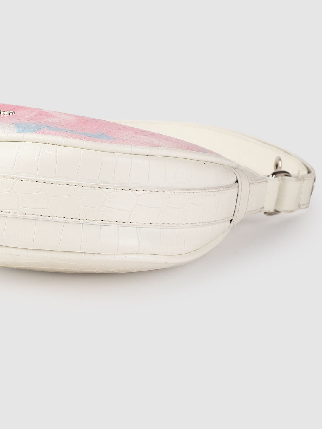 Lino Perros Women Off-White & Pink Floral Printed Croc Textured Structured Baguette Bag