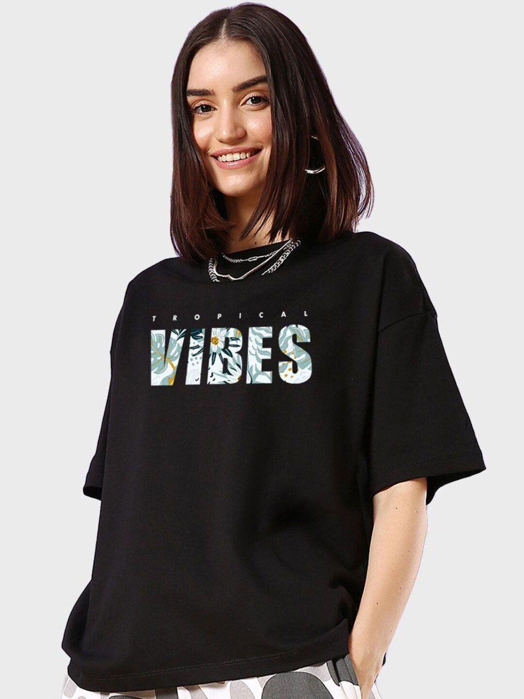 Bewakoof Women Tropical Vibes Typography Oversized T-shirt