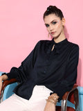 STREET 9 Women Navy Blue Tie-Up Neck Casual Shirt