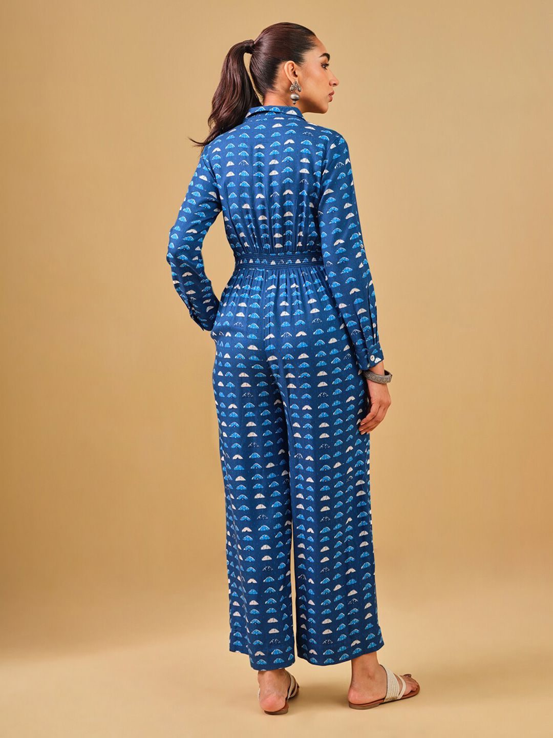 Global Desi Lapel Collar Printed Basic Jumpsuit