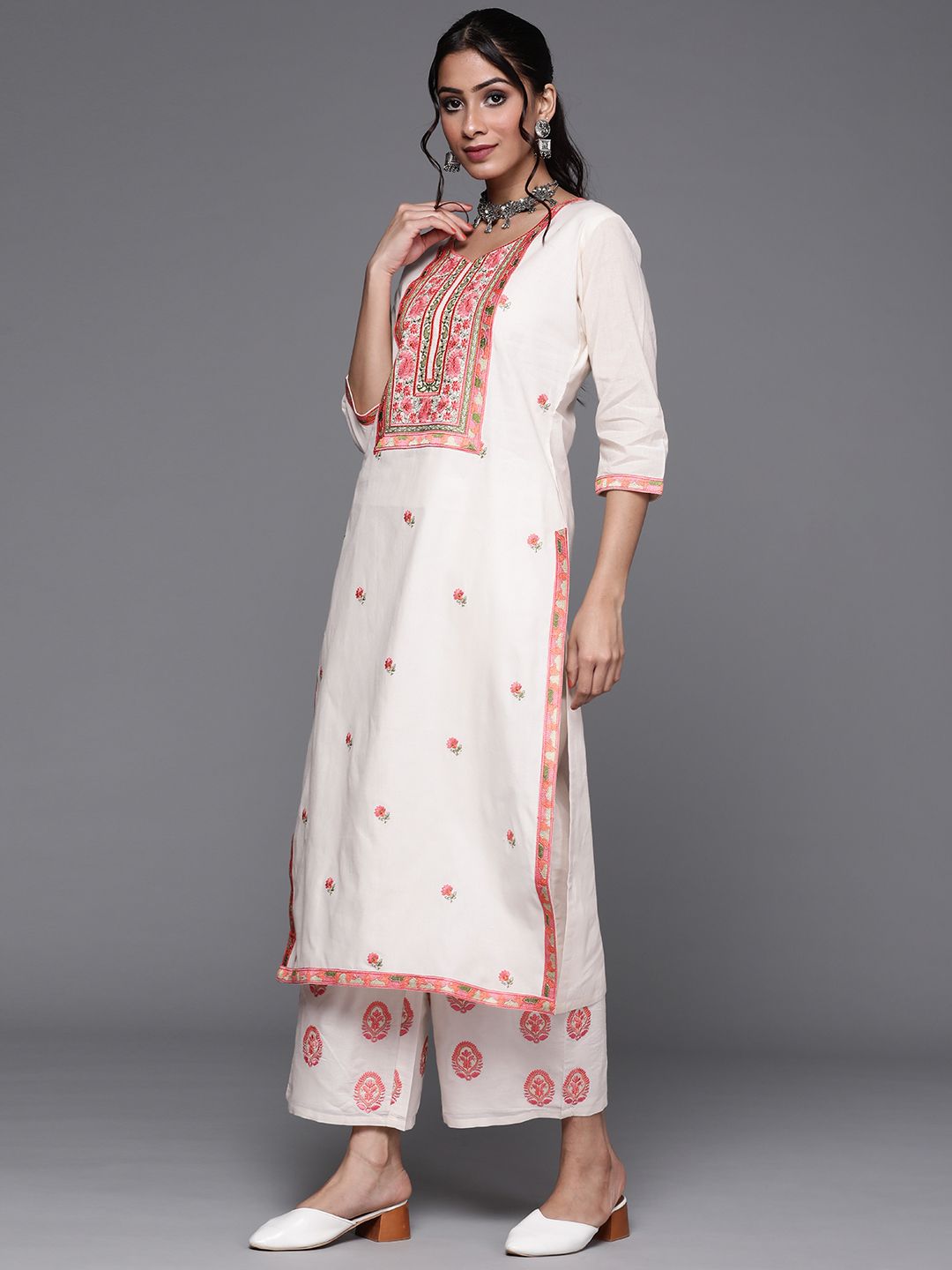 Libas Women Off White & Pink Cotton Floral Thread Work Kurta with Palazzos & Dupatta