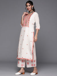 Libas Women Off White & Pink Cotton Floral Thread Work Kurta with Palazzos & Dupatta