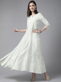 W Green & White Floral Ethnic A-Line Midi Dress