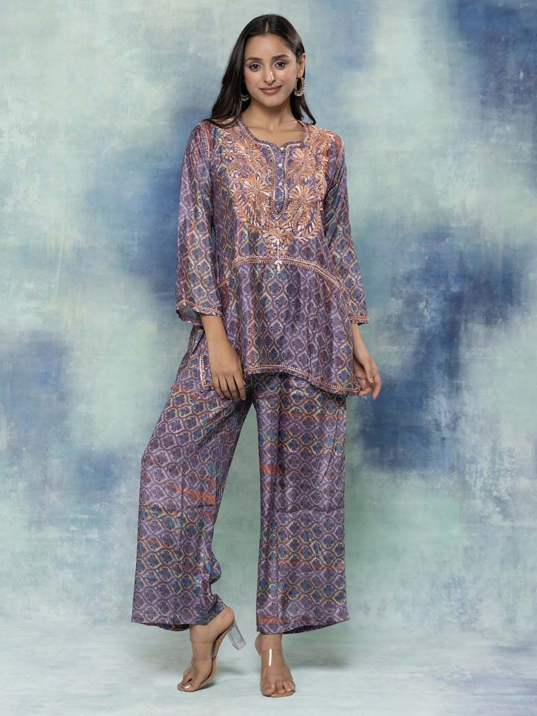 HOUSE OF KARI Floral Embroidered Regular Chikankari Straight Kurta with Palazzos