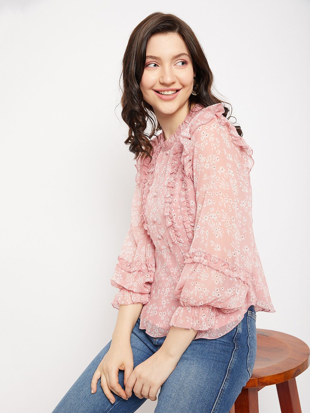 Antheaa Floral Printed Puff Sleeves Chiffon Top