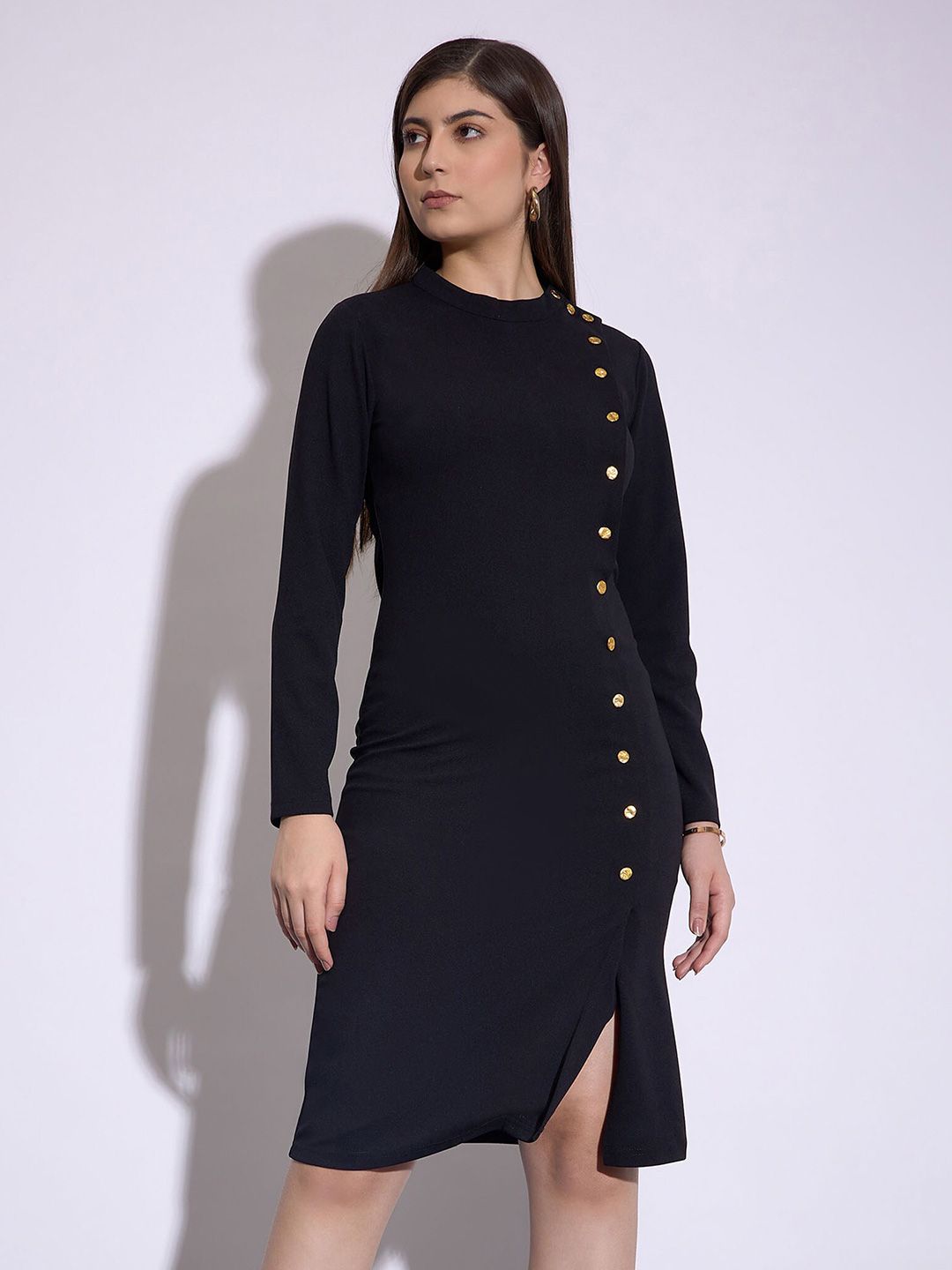 SASSAFRAS worklyf Round Neck Long Sleeves Button Detail Sheath Dress