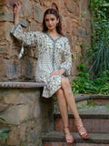 Libas Floral Printed V-Neck Bell Sleeves Cotton A-Line Ethnic Dress