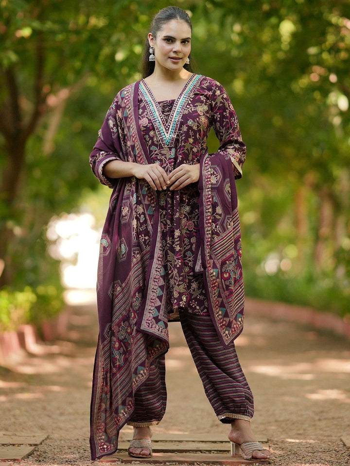 Libas Women Floral Printed Regular Mirror Work Kurta with Salwar & With Dupatta