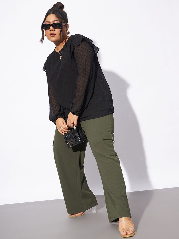 SASSAFRAS Curve Women Plus Size Olive Green Straight Fit Pleated-Front Cargos Trousers