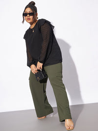 SASSAFRAS Curve Women Plus Size Olive Green Straight Fit Pleated-Front Cargos Trousers