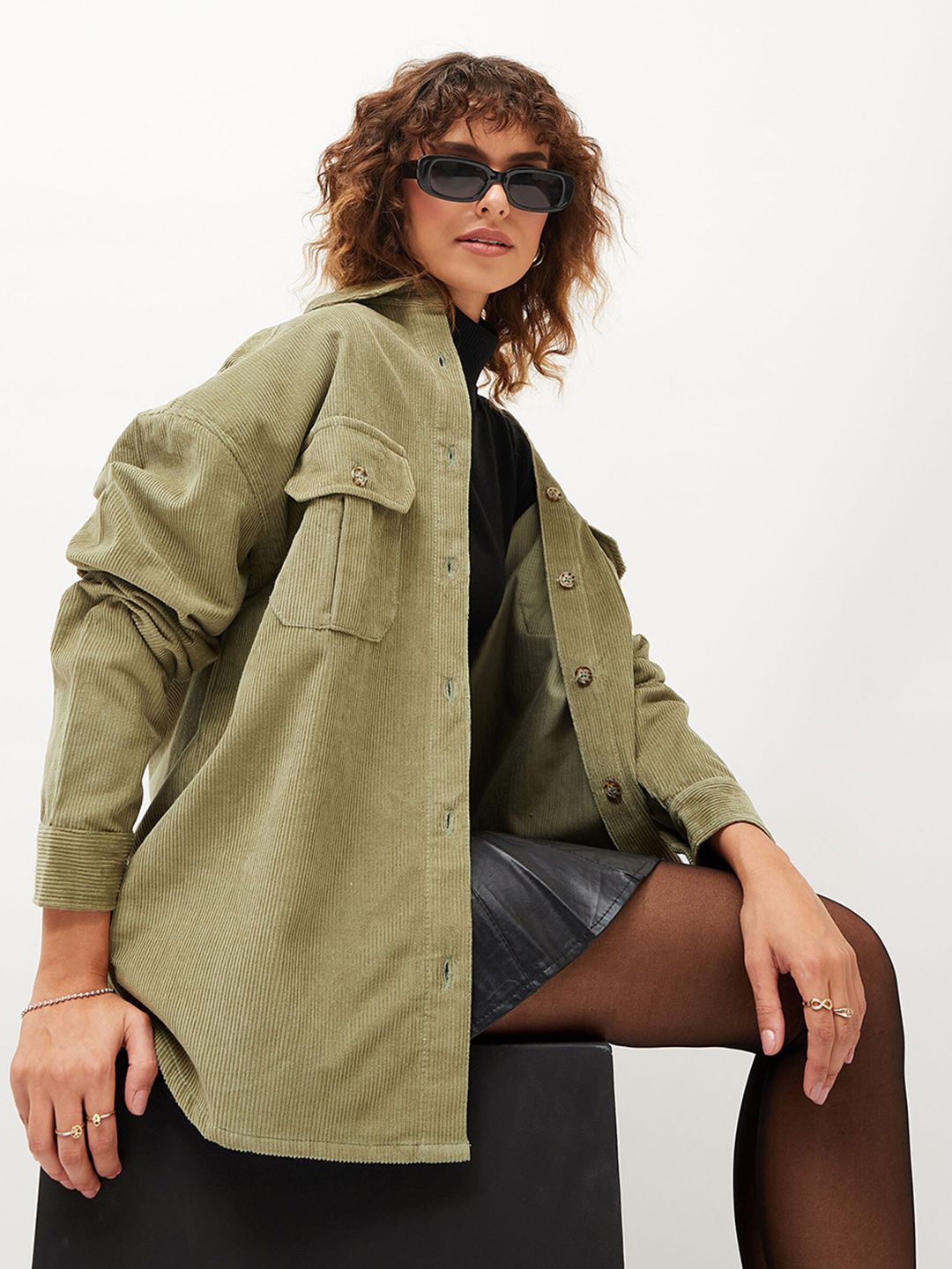 SASSAFRAS Oversized Self Designed Spread Collar Corduroy Pure Cotton Casual Shirt