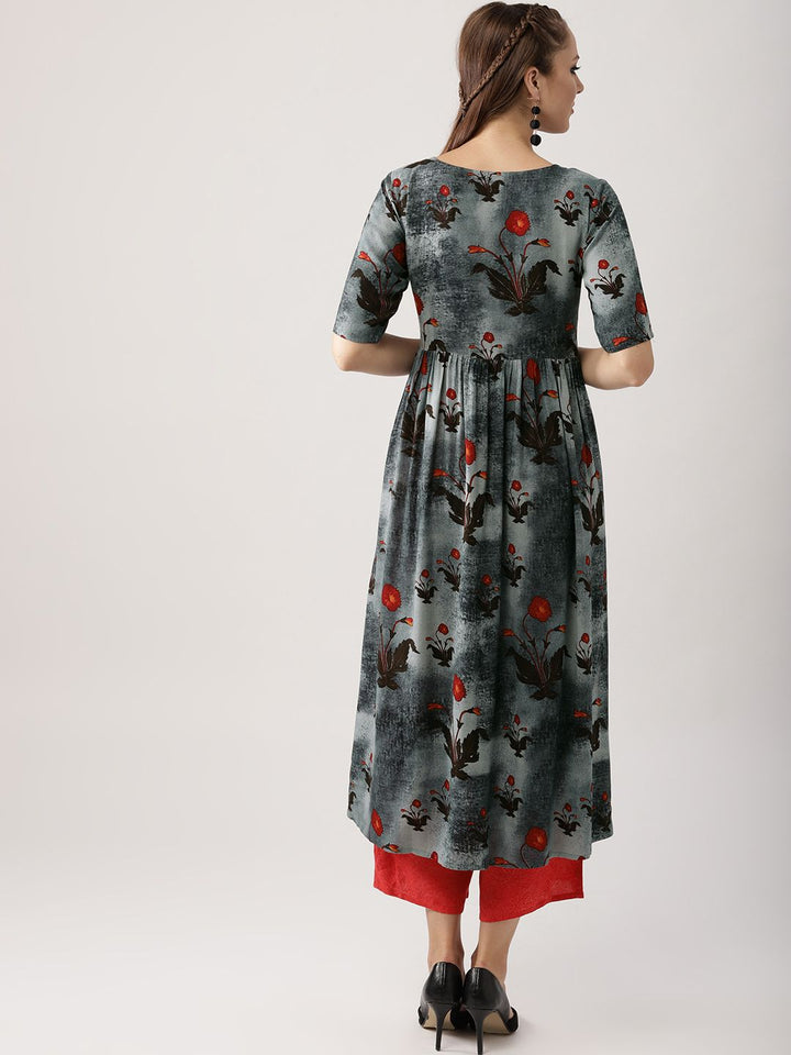 Libas Women Charcoal Grey & Coral Red Printed Kurta with Palazzos