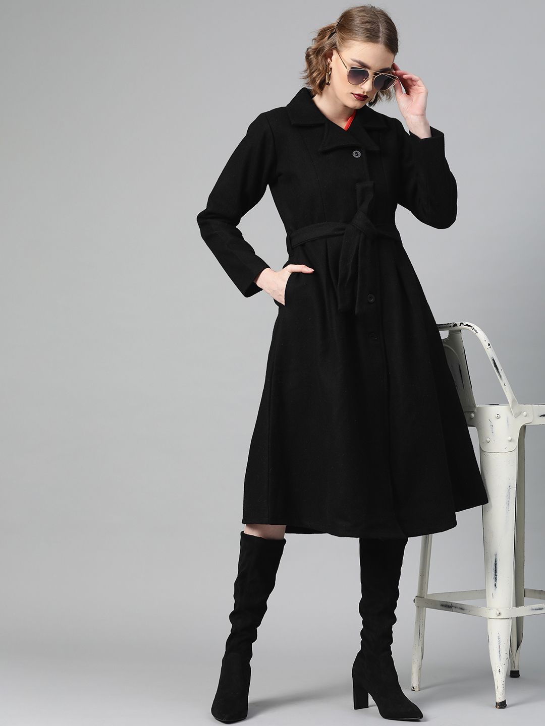 Athena Women Black Solid Overcoat