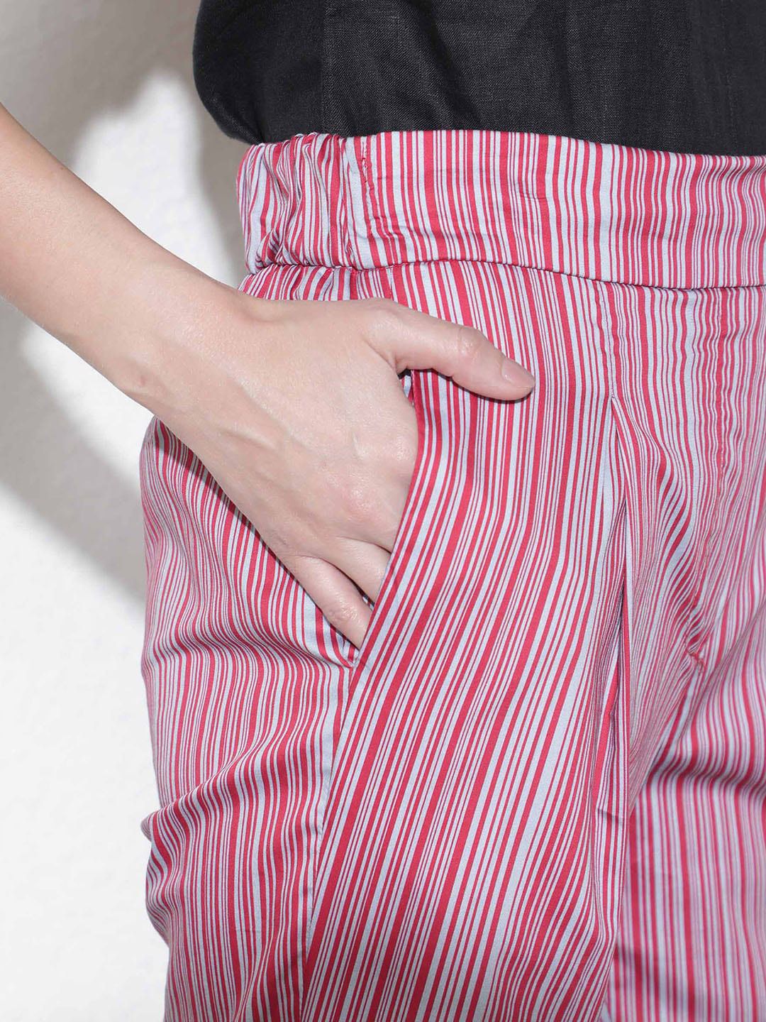 RAREISM Women Striped Slim Fit High-Rise Cotton Trousers