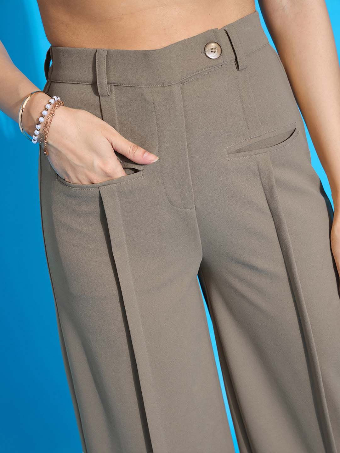 SASSAFRAS worklyf Women Straight Fit High-Rise Pleated Trousers