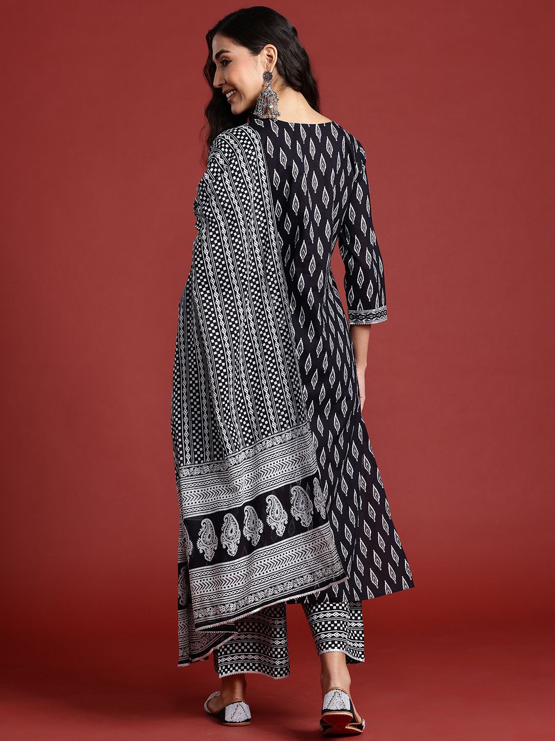 Indo Era Printed Mirror Work Pure Cotton Kurta With Palazzos & Dupatta