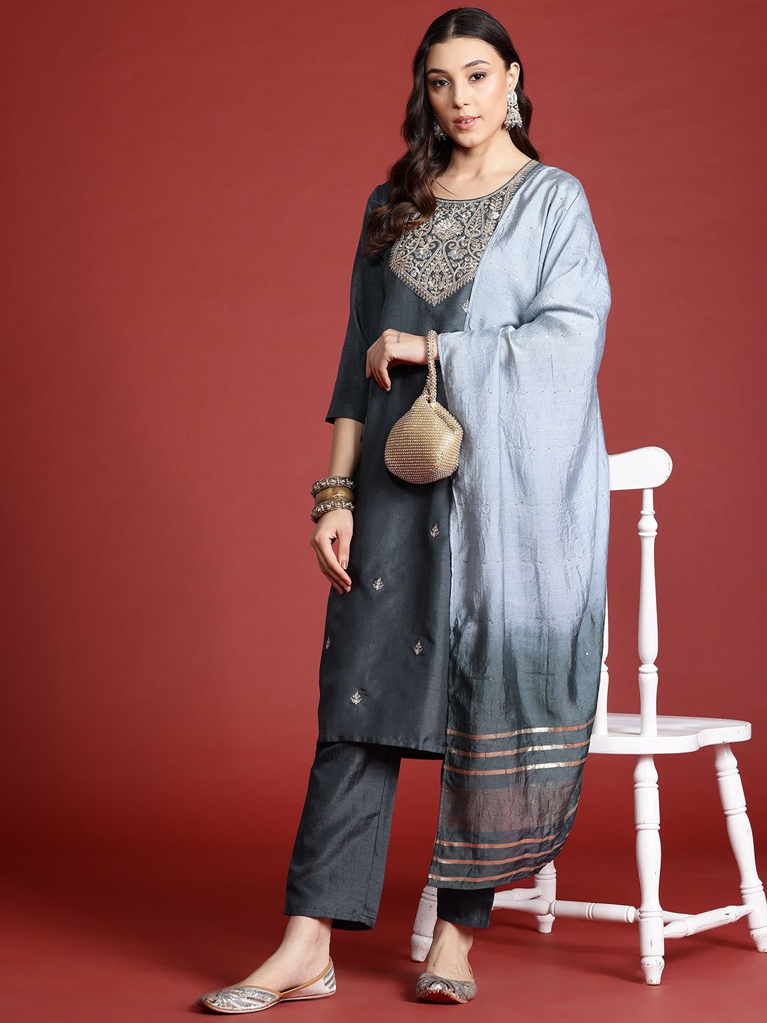 Anouk Tyohaar Ethnic Motifs Woven Sequinned Kurta with Trousers & Dupatta