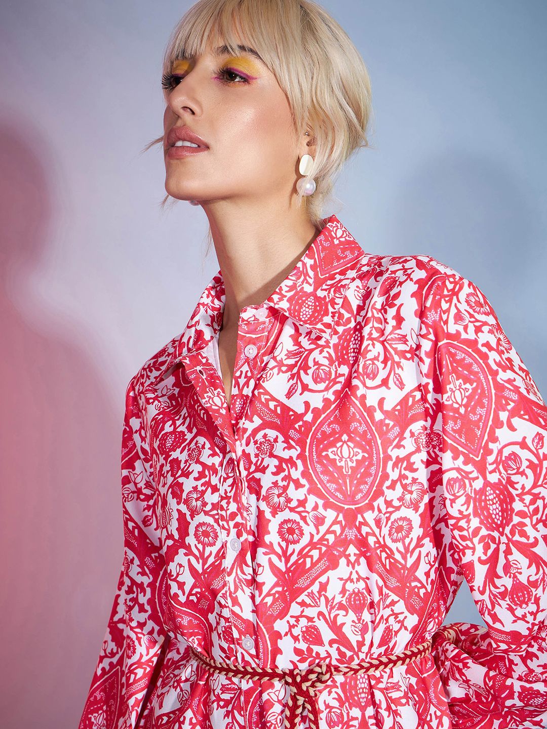 SASSAFRAS Shirt Collar Ethnic Motifs Printed Shirt Dress With Belt