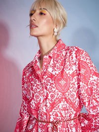 SASSAFRAS Shirt Collar Ethnic Motifs Printed Shirt Dress With Belt