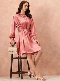 all about you Gathered Detail Bishop Sleeves Party Satin A-Line Dress with Belt