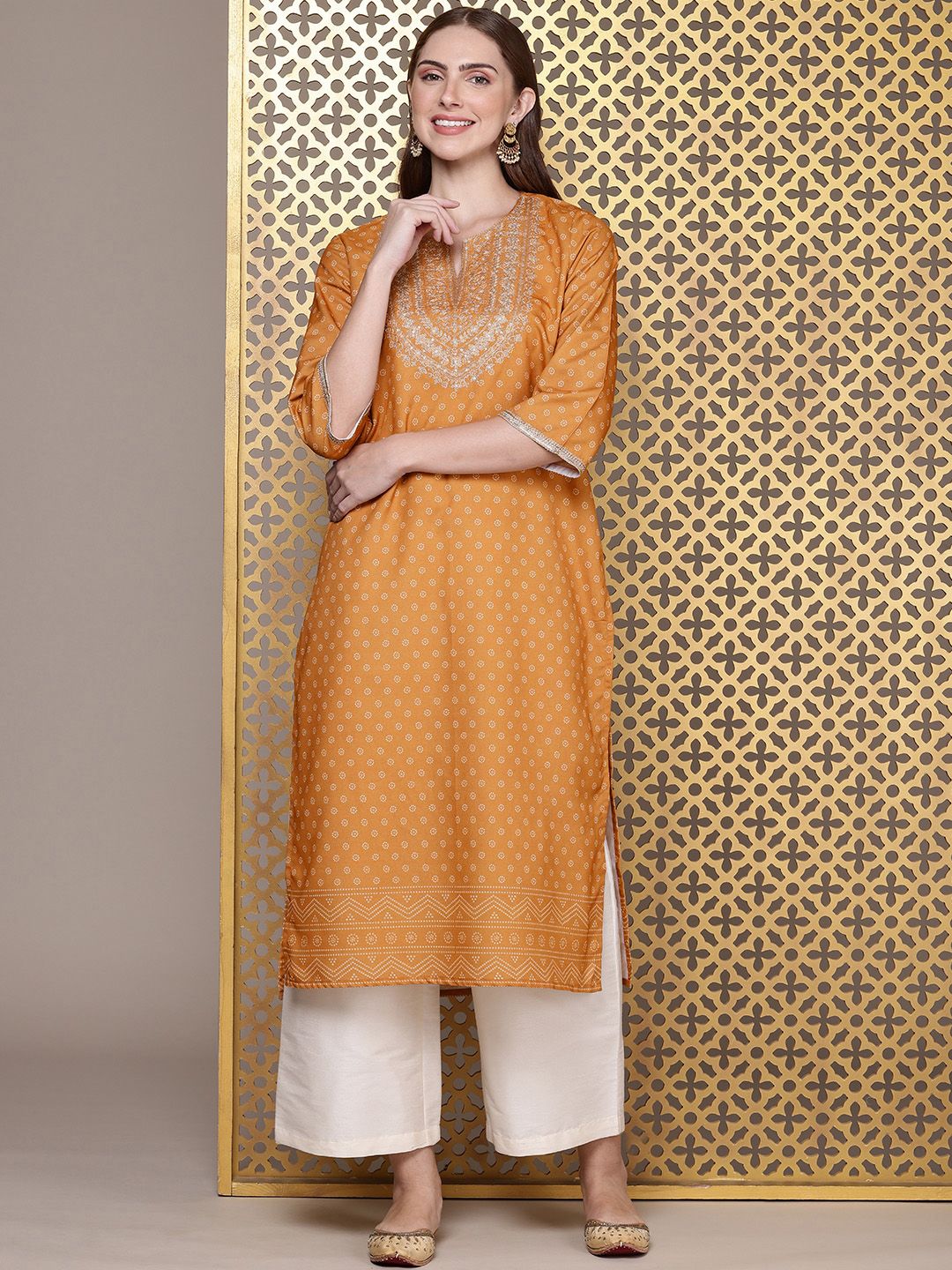 House of Pataudi Geometric Printed Sequinned Jashn Kurta