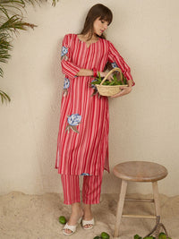 Indo Era Women Solid V-Neck Regular Kurta with Trousers