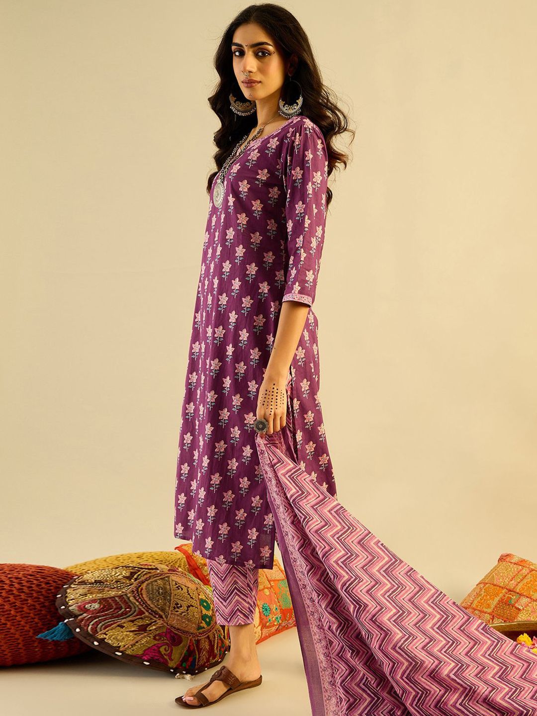 Indo Era Purple Floral Printed V-Neck Pure Cotton Straight Kurta with Trousers & Dupatta