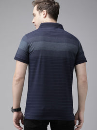 THE BEAR HOUSE Men Navy Blue & White Striped Polo Collar Slim Fit T-shirt