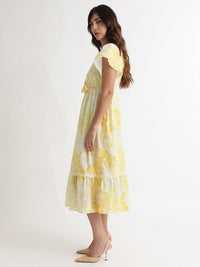 RAREISM Floral Printed Tie-Ups Detail Extended Sleeve Cotton Fit & Flare Midi Dress