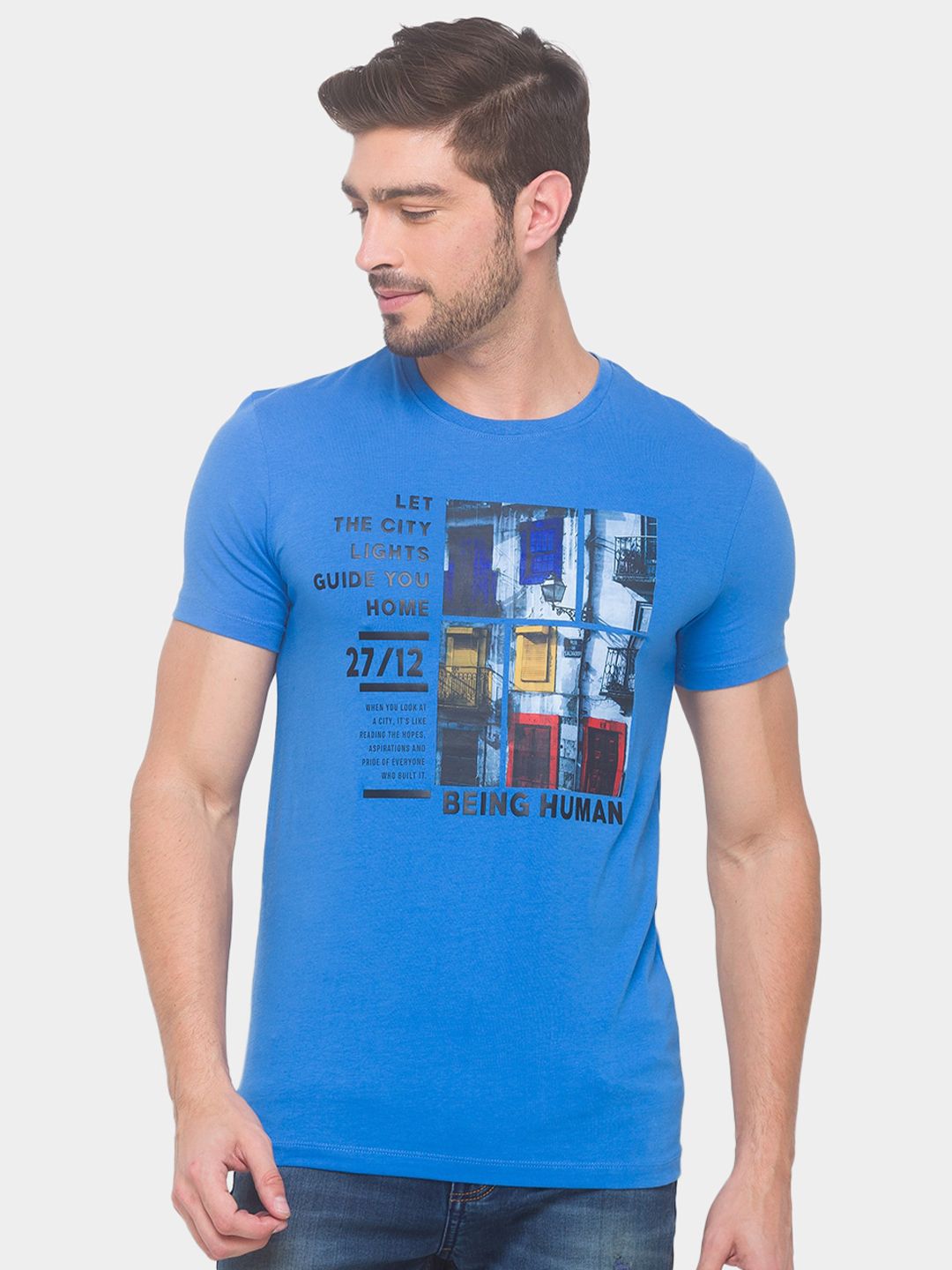 Being Human Men Blue Printed Pure Cotton T-shirt