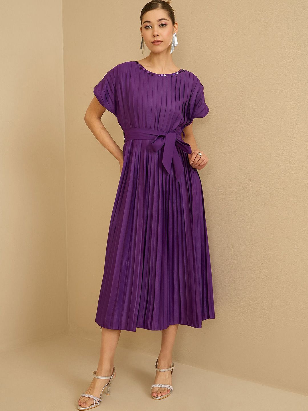 Antheaa Women Pleated Fit & Flare Midi Dress With Belt