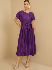 Antheaa Women Pleated Fit & Flare Midi Dress With Belt