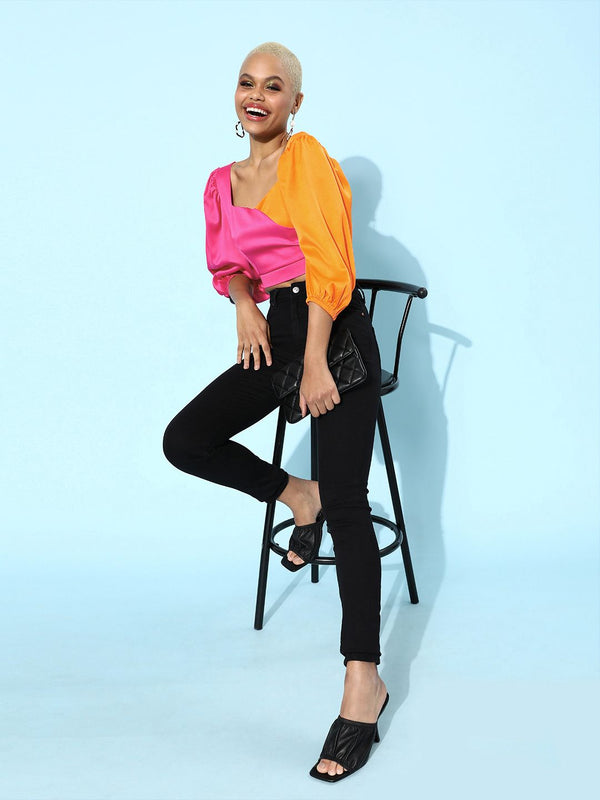 STREET 9 Women Fuchsia Colourblocked Satin Top