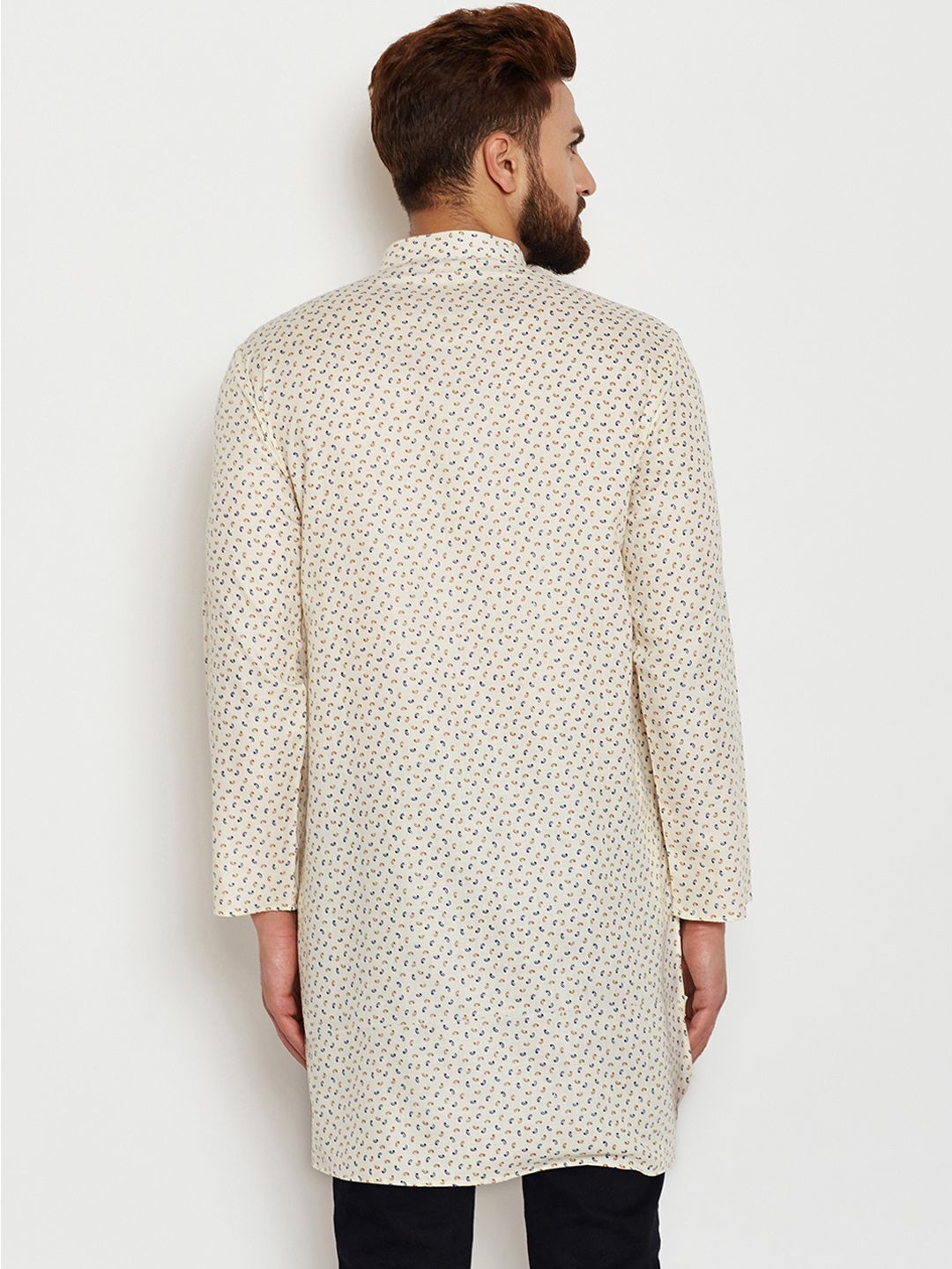 SOJANYA Lelaki Berwarna Krim & Navy Blue Printed Kurta Lurus