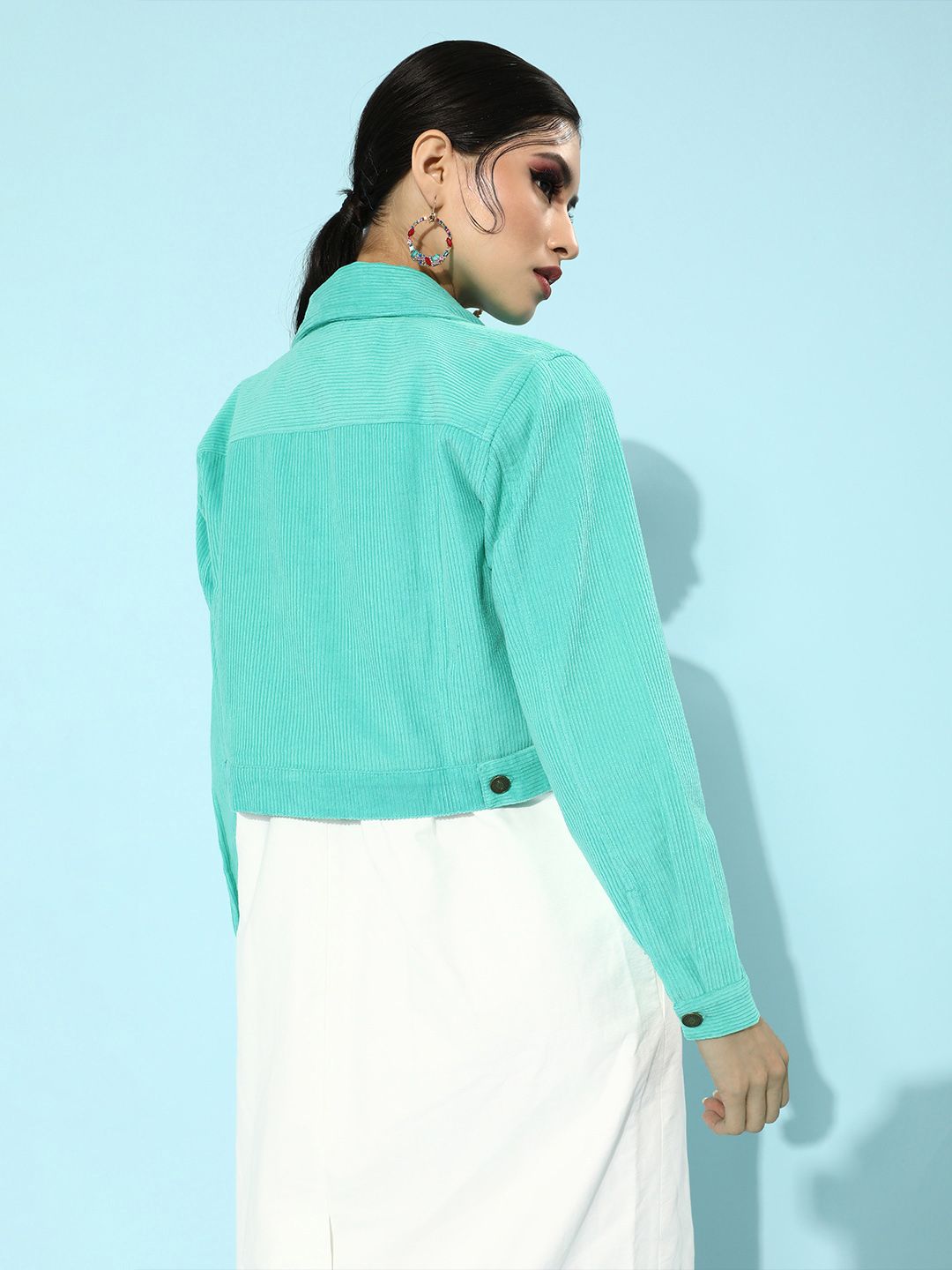 SASSAFRAS Women Green Corduroy Crop Trucker Jacket