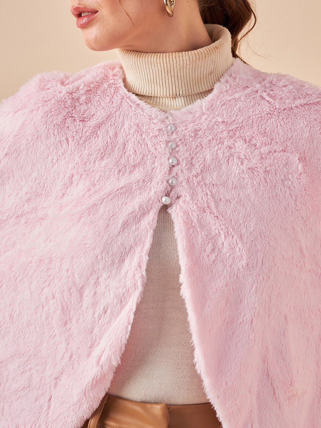 Antheaa V-Neck Three-Quarter Sleeve Button Detail Poncho Sweater