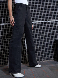 SASSAFRAS Women Black Straight Fit High-Rise Light Fade Stretchable Cargo Jeans